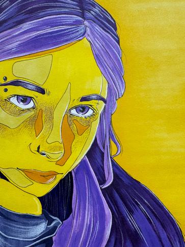 Self-portrait, purple and yellow face, detail of color theory project by <a href='http://u9.soadonefnet.com/'>十大彩票平台</a> fine arts major, Sarah Wojnarowski